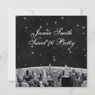 Convites Etched NYC Skyline 2 Preto Dourado Estrela Doce 16