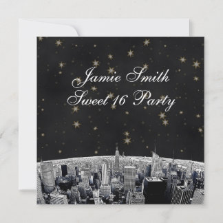 Convites Etched NYC Skyline 2 Preto Dourado Estrela Doce 16