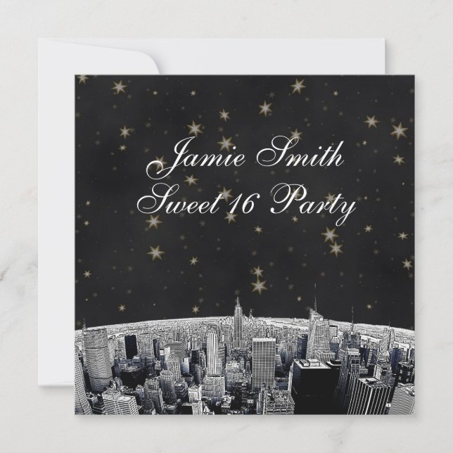 Convites Etched NYC Skyline 2 Preto Dourado Estrela Doce 16 (Frente)