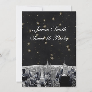 Convites Etched NYC Skyline 2 Preto Dourado Star Sweet 16 V