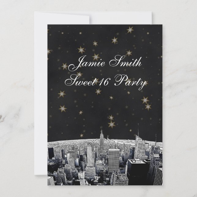 Convites Etched NYC Skyline 2 Preto Dourado Star Sweet 16 V (Frente)
