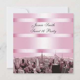 Convites Etched NYC Skyline 2 Preto Rosa Festa Sweet 16