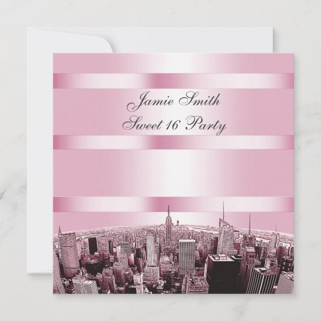 Convites Etched NYC Skyline 2 Preto Rosa Festa Sweet 16 (Frente)