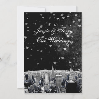 Convites Etched NYC Skyline #2 Preto Wht Coração Casamento