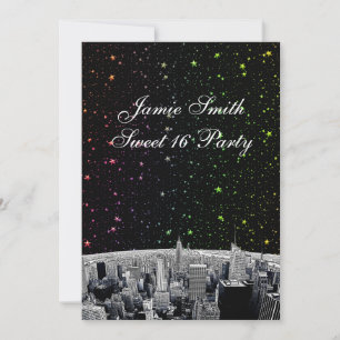 Convites Etched NYC Skyline 2 Rainbow Star Sweet 16 V