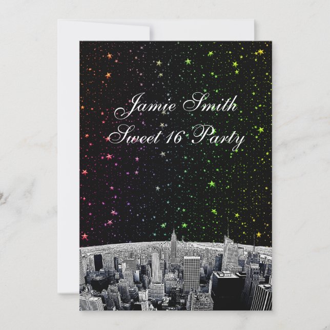 Convites Etched NYC Skyline 2 Rainbow Star Sweet 16 V (Frente)