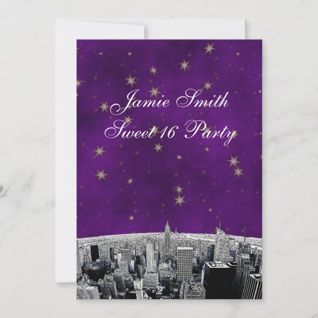 Convites Etched NYC Skyline 2 Roxo Dourado Estrela Doce 16  (Frente)