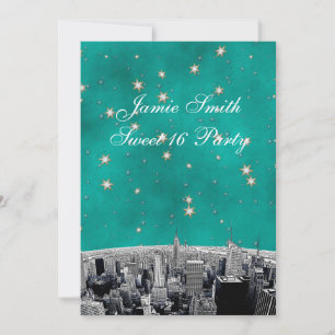Convites Etched NYC Skyline 2 Verde Turquesa Estrela Doce 1