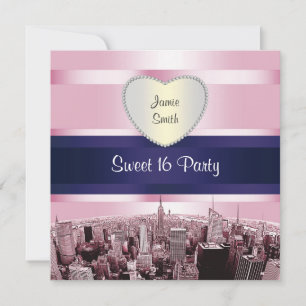 Convites Etched NYC Skyline 2P Rosa Azul Rbn H Sweet 16 Fes
