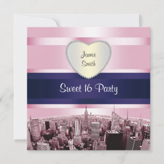 Convites Etched NYC Skyline 2P Rosa Azul Rbn H Sweet 16 Fes