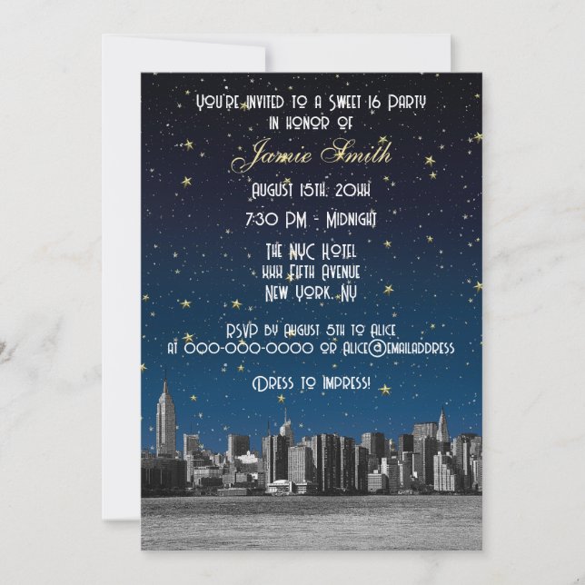 Convites Etched NYC Skyline #3 Estrela Azul Pôr do Sol Swee (Frente)