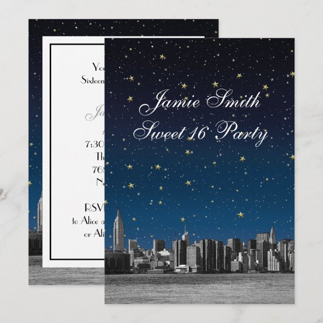 Convites Etched NYC Skyline #3 Estrela Blu Pôr do Sol Sweet (Frente/Verso)