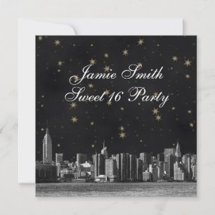 Convites Etched NYC Skyline #3 Preto Dourado Estrela Doze A
