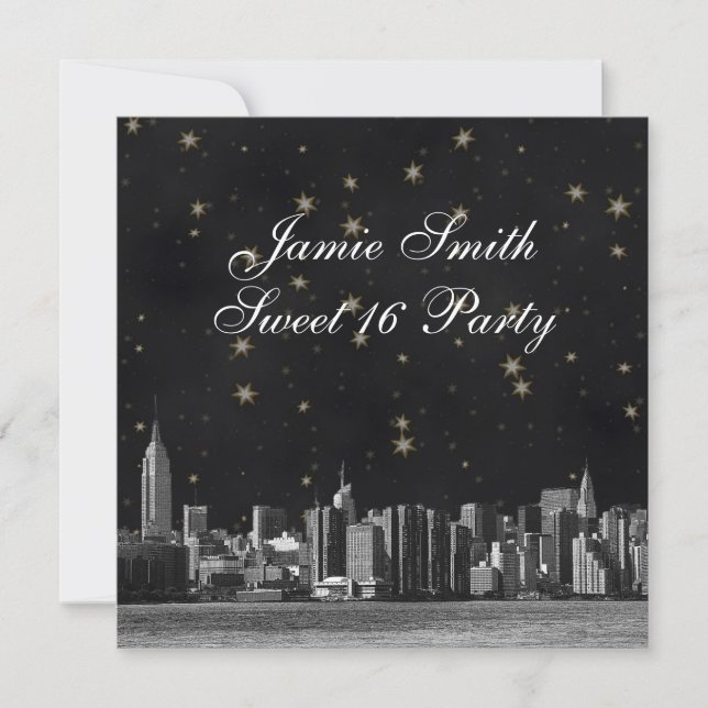 Convites Etched NYC Skyline #3 Preto Dourado Estrela Doze A (Frente)