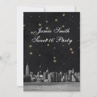 Convites Etched NYC Skyline #3 Preto Dourado Estrela Sweet