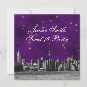 Convites Etched NYC Skyline #3 Roxo Estrela Dourada Doce 16