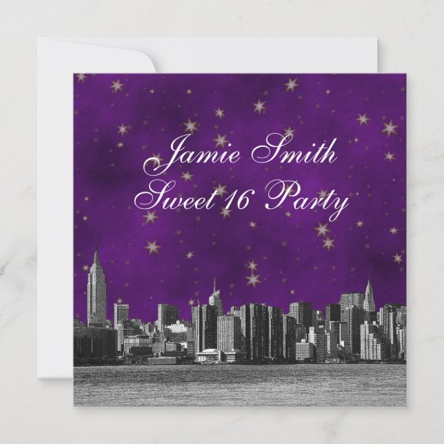 Convites Etched NYC Skyline #3 Roxo Estrela Dourada Doce 16 (Frente)