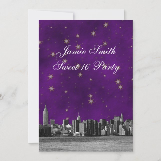 Convites Etched NYC Skyline #3 Roxo Estrela Dourada Sweet 1 (Frente)