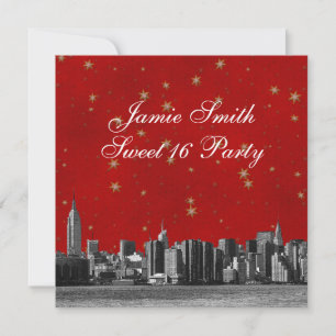Convites Etched NYC Skyline #3 Vermelho Dourado Estrela Doz