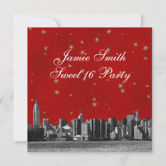 Convites Etched NYC Skyline #3 Vermelho Dourado Estrela Doz