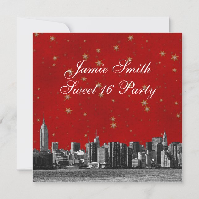 Convites Etched NYC Skyline #3 Vermelho Dourado Estrela Doz (Frente)