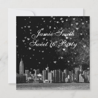 Convites Etched NYC Skyline Black BG White Heart Sweet 16