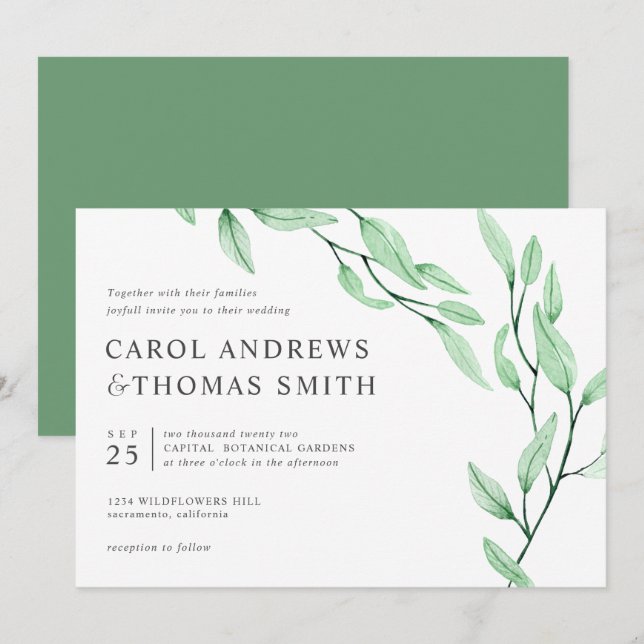Convites Eteal Verde | Casamento Chic Botanic Leaves (Frente/Verso)