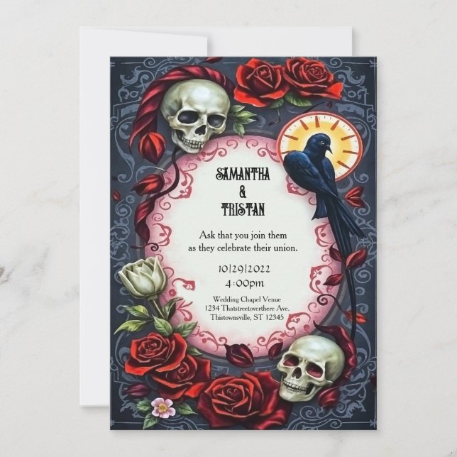 Convites Eternal Raven e Skulls - Casamento vintage Gótico (Frente)