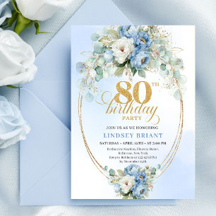 Convites Eternas Peônias Azuis Pastel Greenery 80 Aniversár