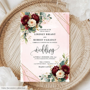 Convites Eterno Boho Maroon Dourado Blush Rosas Casamento