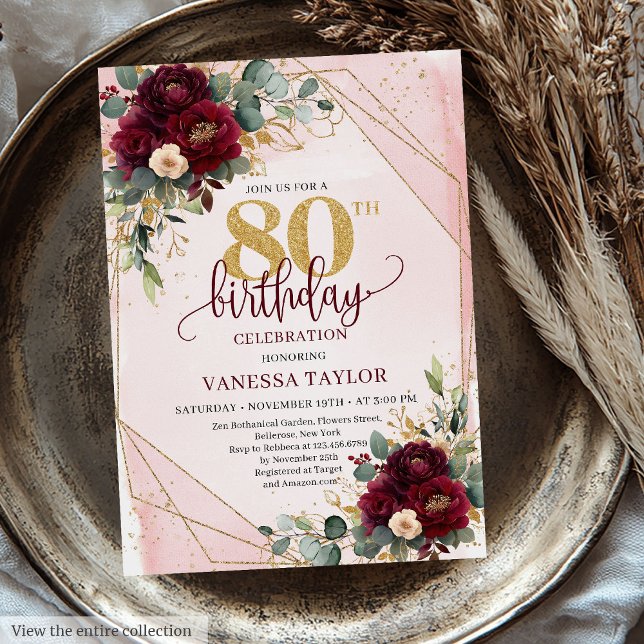 Convites Eterno Burgundy Blush Dourado Rosa Aniversário (Timeless Burgundy Blush Gold Roses 80th Birthday Invitation)