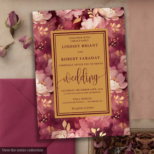 Convites Eterno Luxo Maroon Blush Dourado Casamento Floral (Timeless Luxury Maroon Blush Gold Floral Wedding Invitation)