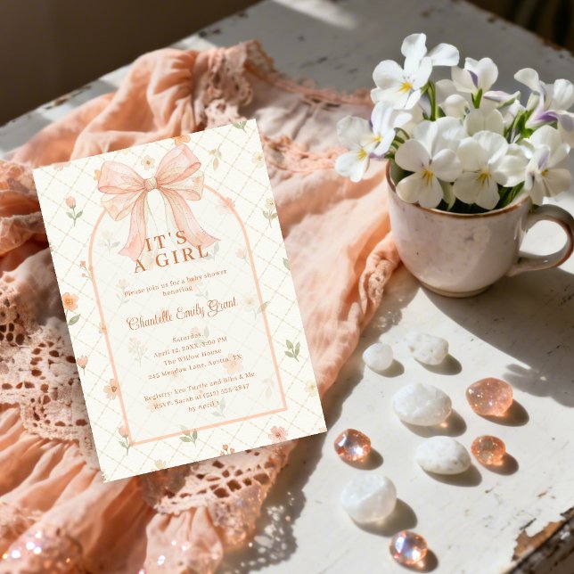 Convites Ethereal Coquette Peach Bow Baby Shower TMF26 (Ethereal Coquette Peach Bow Baby Shower Invitation with Elegant Lattice and Watercolor Effect.)