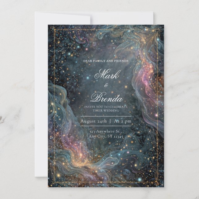 Convites Ethereal Gold Celestial Nebula Wedding (Frente)
