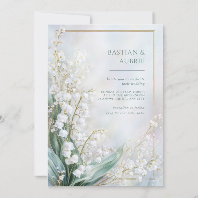 Convites Ethereal Pastel Lily Valley Gold Frame Wedding (Frente)
