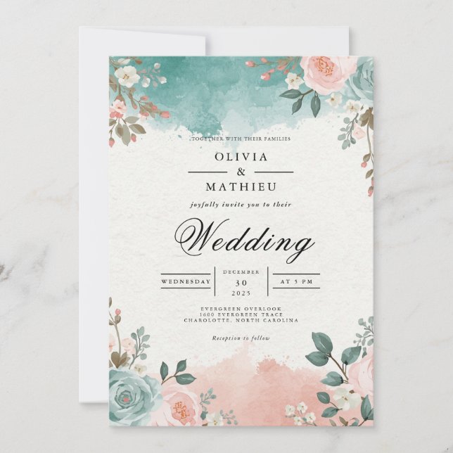 Convites Ethereal Teal Blush Floral Arch Wedding (Frente)