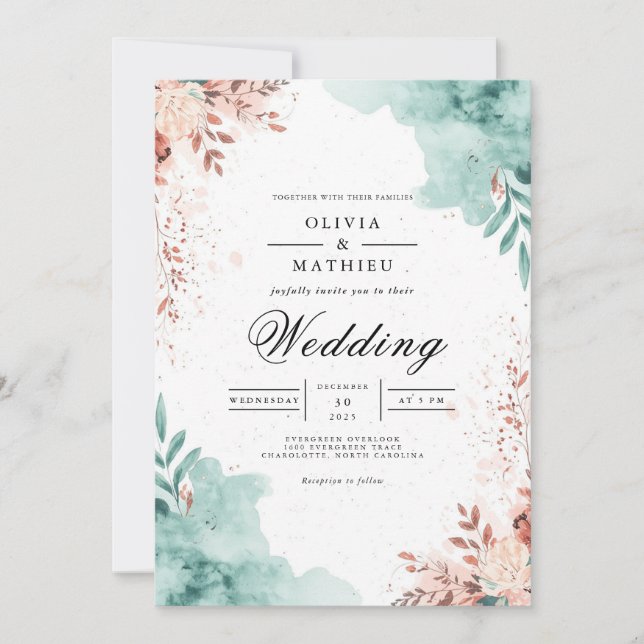 Convites Ethereal Teal & Blush Flourish Wedding (Frente)