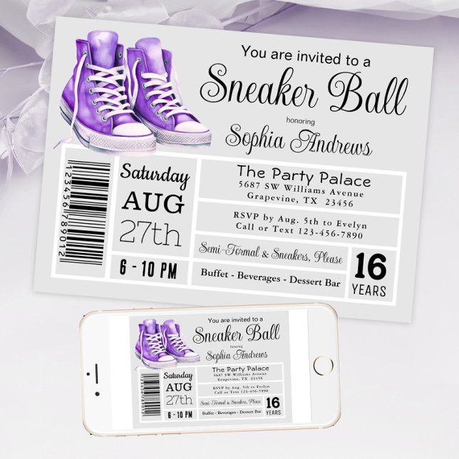 Convites Etiqueta de Sapato de Festa de Aniversário de Bola (Purple sneaker ball invitation shoe label style. Available in instant download and print files.)