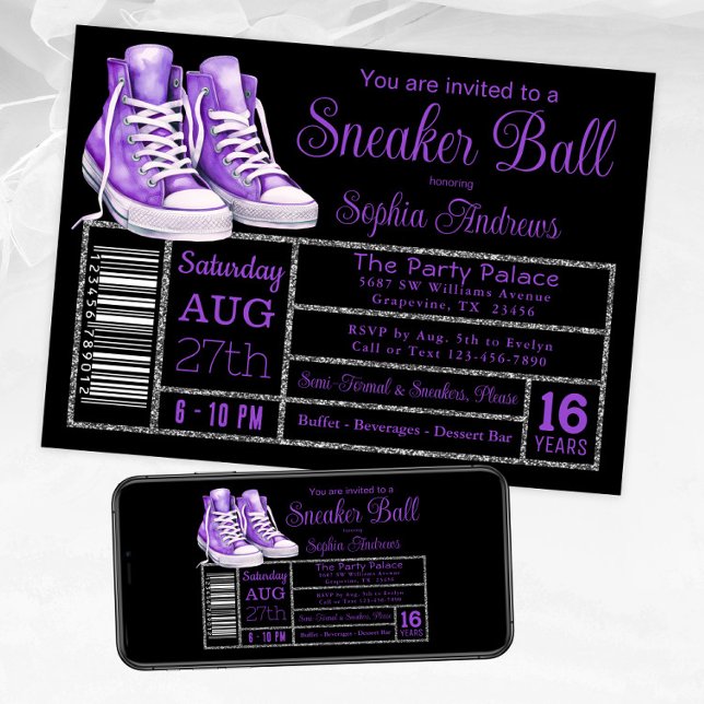 Convites Etiqueta de Sapato para Festa de Aniversário de Bo (Purple black sneaker ball invitation. Available for instant download and print.)