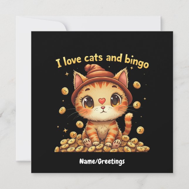 Convites Eu Amo Gatos e Bingo Combinação Perfeita Bingo Amo (Frente)