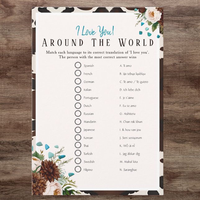 Convites Eu amo o jogo de chuveiro de noiva Boho ao redor d (I love around the world Boho Bridal shower game)