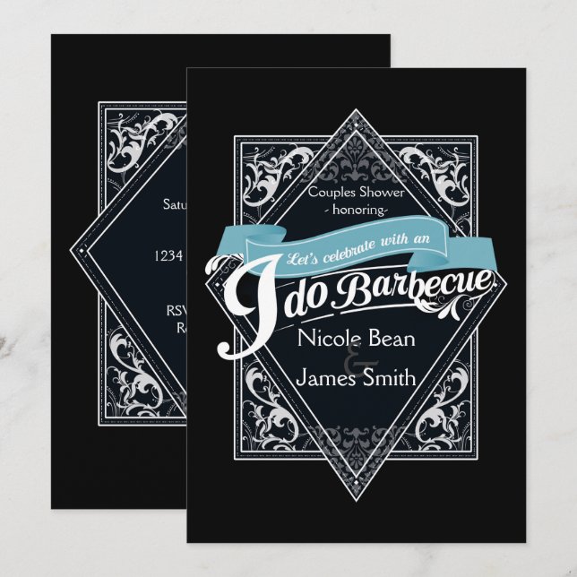 Convites EU FAÇO CHURRASCO BBQ Elegante Preto e Branco Enco (Frente/Verso)