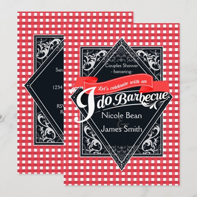 Convites EU FAÇO CHURRASCO BBQ Xadrez Vermelho Branco Anel  (Frente/Verso)