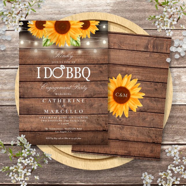 Convites Eu faço churrasco de girassol de madeira rústica f (I Do BBQ Sunflower Rustic Wood Engagement Party Invitation)