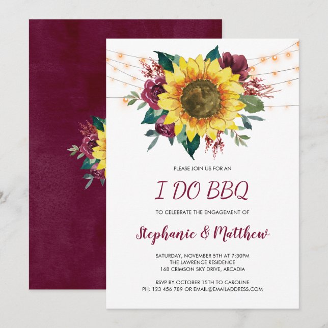 Convites Eu Faço CHURRASCO De Luzes De Girassol Russo (Frente/Verso)