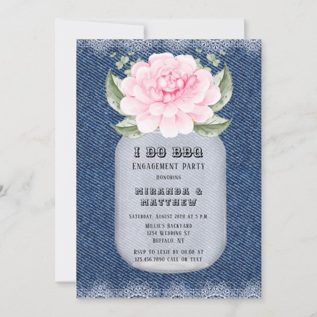 Convites Eu Faço CHURRASCO Mason Jar Pink Peony Festa de no (Frente)