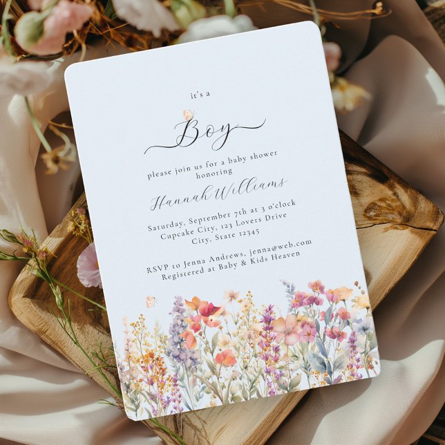 Convites Eu sou um menino! Moderno, Flor Selvagem, Chá de f (Criador carregado)