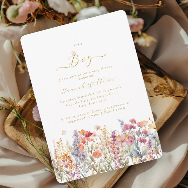 Convites Eu sou um menino! Moderno, Flor Selvagem, Chá de f (Criador carregado)