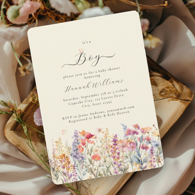 Convites Eu sou um menino! Moderno, Flor Selvagem, Chá de f (Criador carregado)