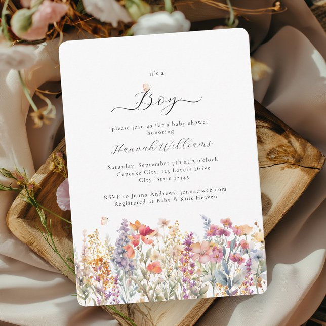 Convites Eu sou um menino! Moderno, Flor Selvagem, Chá de f (Criador carregado)